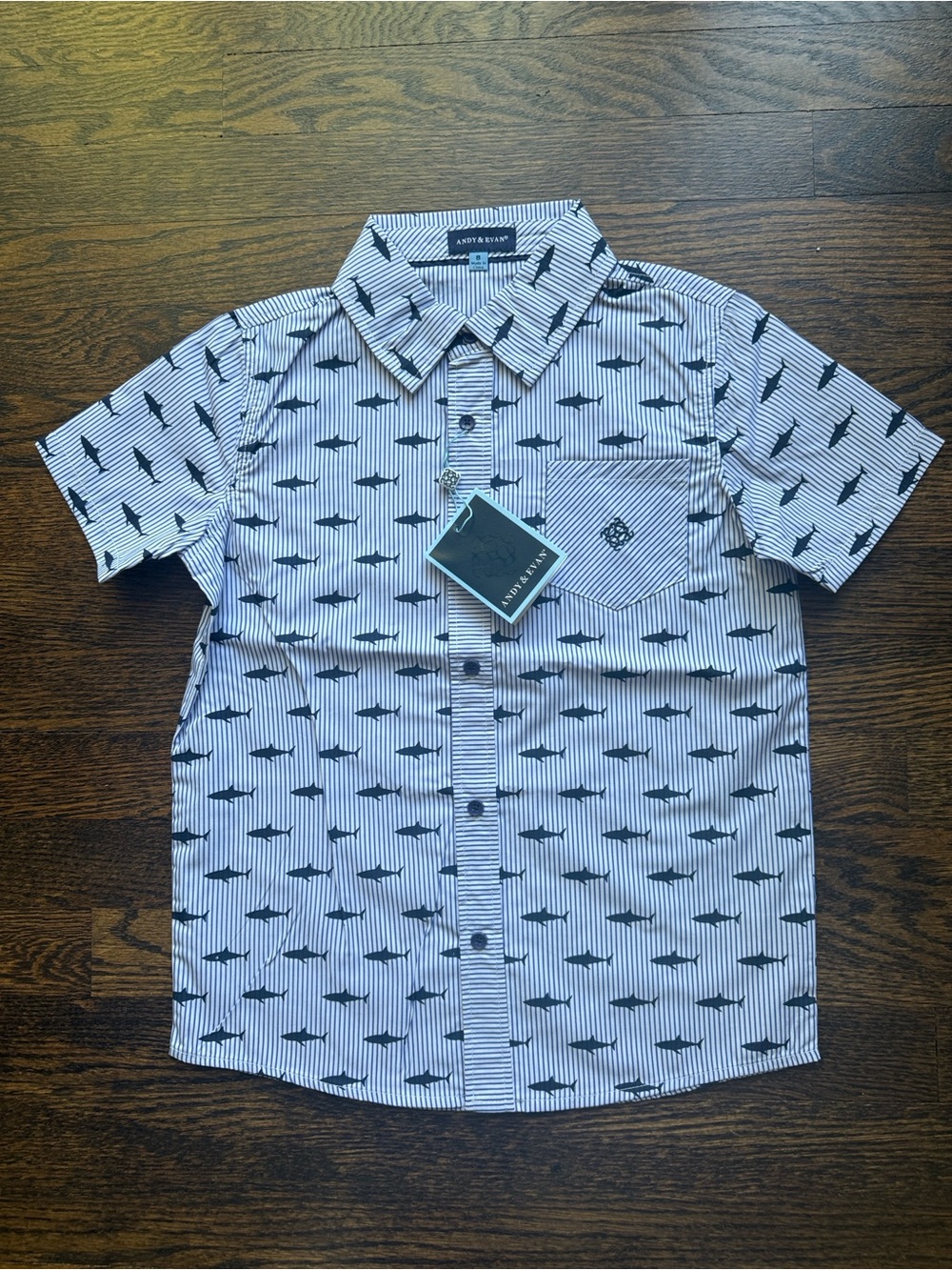Andy & Evan Navy and White Striped Shark-Print Short-Sleeve Button-Down